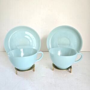 Vintage Fire King Cups Saucers Turquoise Milk Glass Limited 1956-58 Mid Century